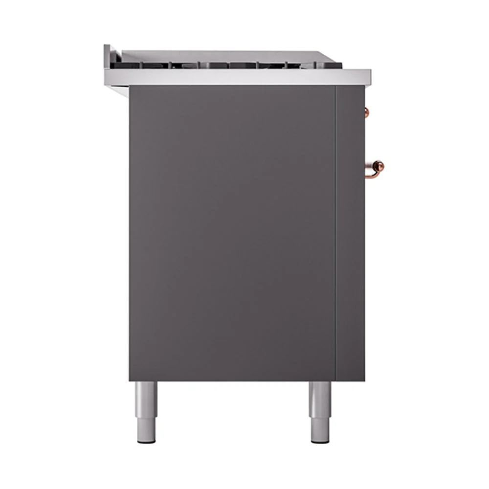 ILVE Nostalgie II 60-Inch Natural Gas Dual Fuel Range with 7 Burners, Griddle, & French Top with Solid Door Oven in Matte Graphite with Copper Trim (UP60FSQNMPMGP) - Image 4