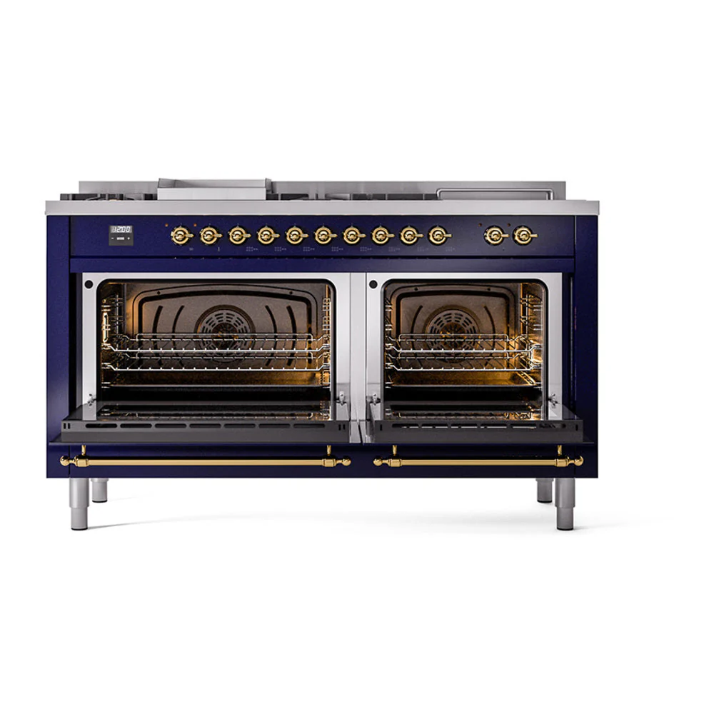 ILVE Nostalgie II 60-Inch Natural Gas Dual Fuel Range with 7 Burners, Griddle, & French Top with Solid Door Oven in Midnight Blue with Brass Trim (UP60FSQNMPMBG) - Image 2