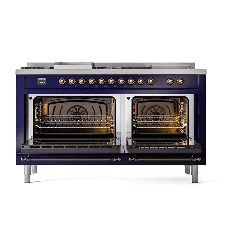 ILVE Nostalgie II 60-Inch Natural Gas Dual Fuel Range with 7 Burners, Griddle, & French Top with Solid Door Oven in Midnight Blue with Bronze Trim (UP60FSQNMPMBB) - Image 2