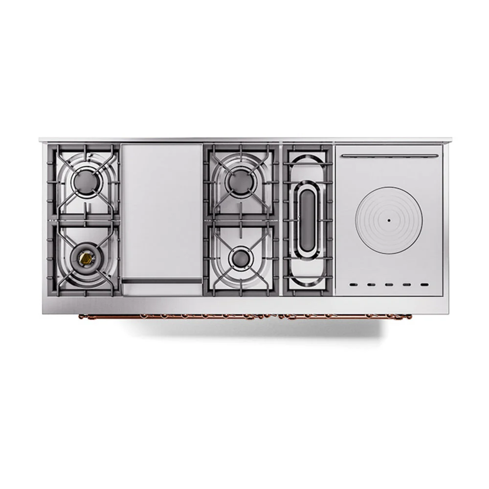 ILVE Nostalgie II 60-Inch Natural Gas Dual Fuel Range with 7 Burners, Griddle, & French Top with Solid Door Oven in Midnight Blue with Copper Trim (UP60FSQNMPMBP) - Image 3