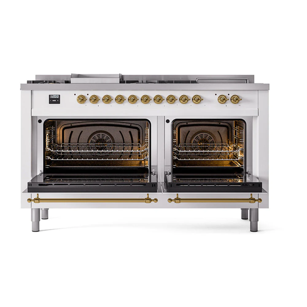 ILVE Nostalgie II 60-Inch Natural Gas Dual Fuel Range with 7 Burners, Griddle, & French Top with Solid Door Oven in RAL with Brass Trim (UP60FSQNMPRAG) - Image 2