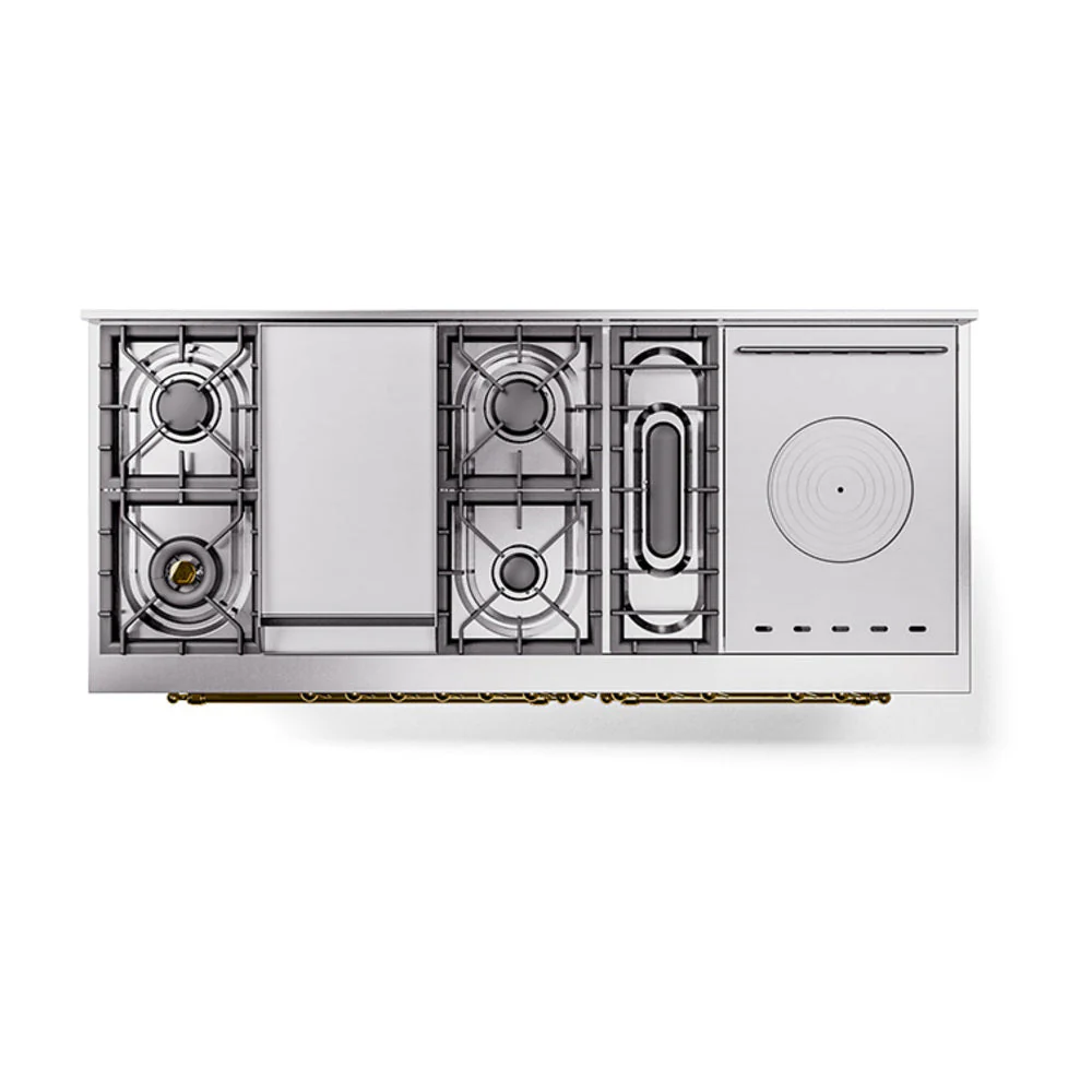 ILVE Nostalgie II 60-Inch Natural Gas Dual Fuel Range with 7 Burners, Griddle, & French Top with Solid Door Oven in RAL with Brass Trim (UP60FSQNMPRAG) - Image 3