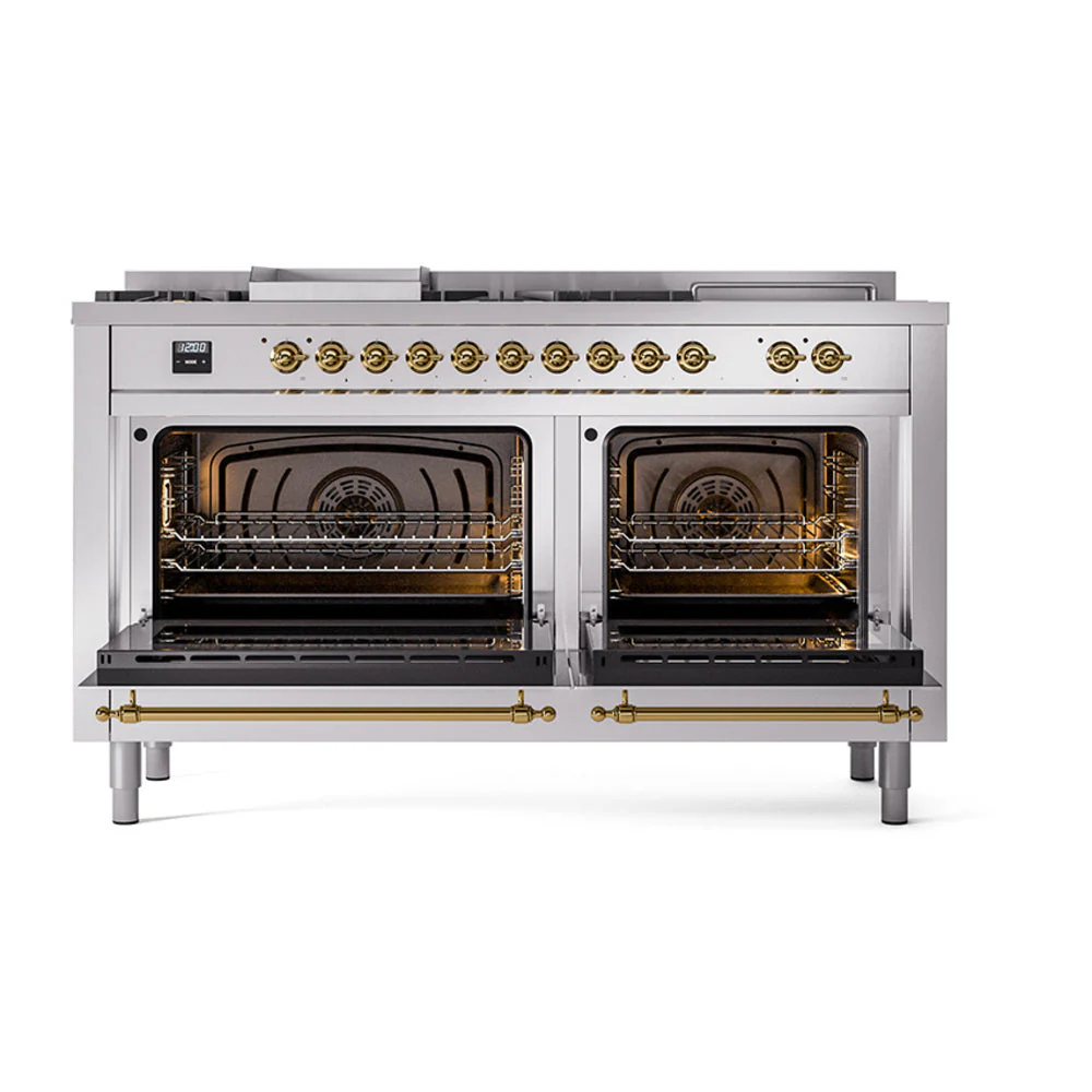 ILVE Nostalgie II 60-Inch Natural Gas Dual Fuel Range with 7 Burners, Griddle, & French Top with Solid Door Oven in Stainless Steel with Brass Trim (UP60FSQNMPSSG) - Image 2