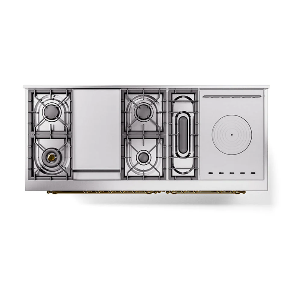 ILVE Nostalgie II 60-Inch Natural Gas Dual Fuel Range with 7 Burners, Griddle, & French Top with Solid Door Oven in Stainless Steel with Brass Trim (UP60FSQNMPSSG) - Image 3