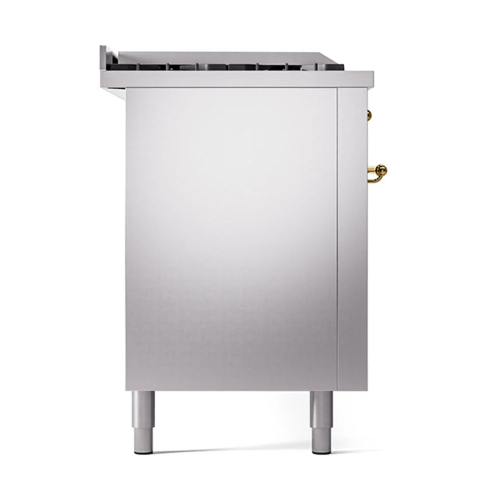 ILVE Nostalgie II 60-Inch Natural Gas Dual Fuel Range with 7 Burners, Griddle, & French Top with Solid Door Oven in Stainless Steel with Brass Trim (UP60FSQNMPSSG) - Image 4