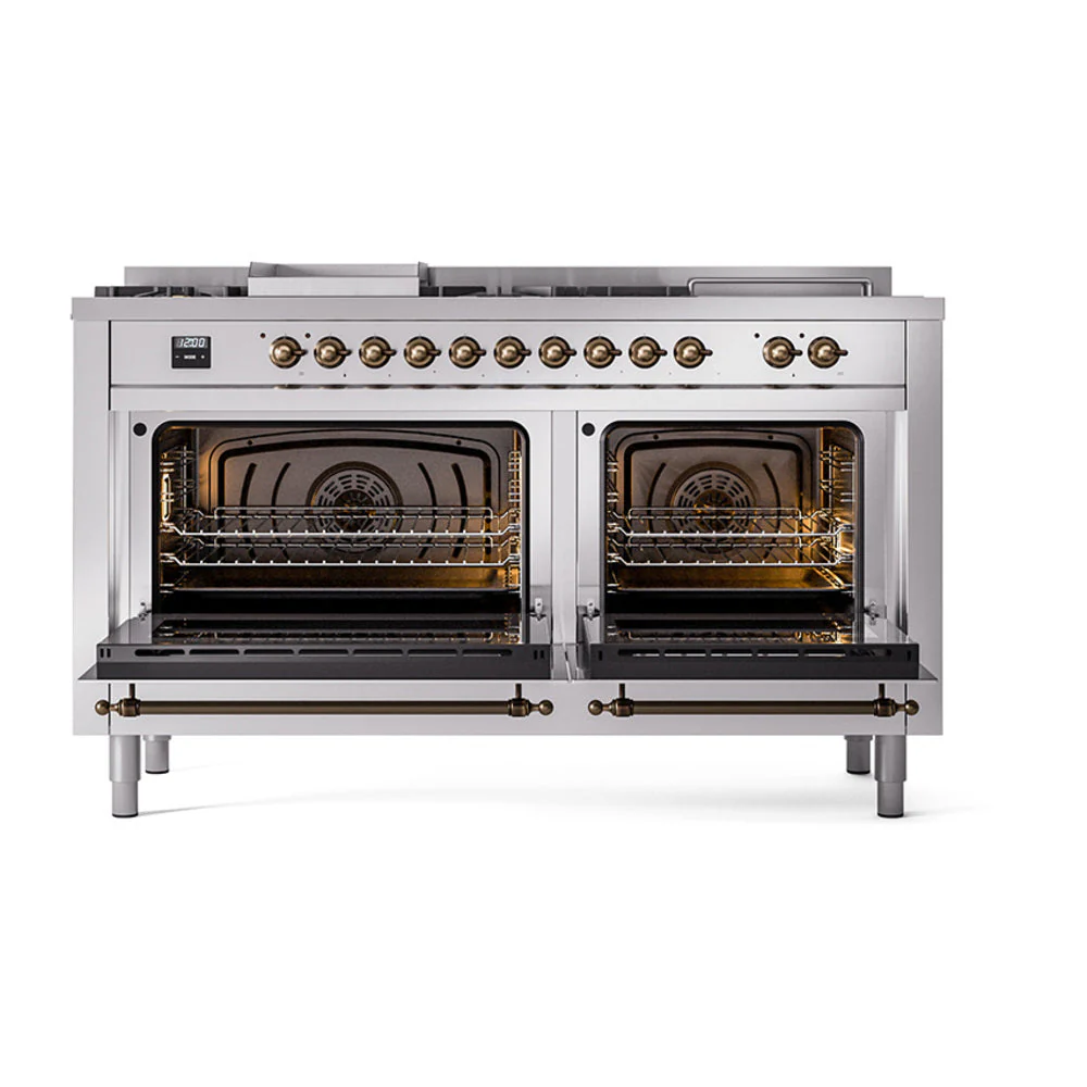 ILVE Nostalgie II 60-Inch Natural Gas Dual Fuel Range with 7 Burners, Griddle, & French Top with Solid Door Oven in Stainless Steel with Bronze Trim (UP60FSQNMPSSB) - Image 2