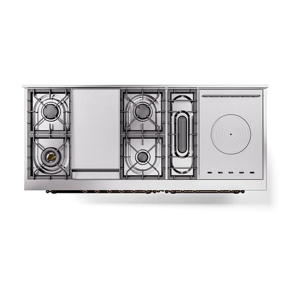 ILVE Nostalgie II 60-Inch Natural Gas Dual Fuel Range with 7 Burners, Griddle, & French Top with Solid Door Oven in Stainless Steel with Bronze Trim (UP60FSQNMPSSB) - Image 3