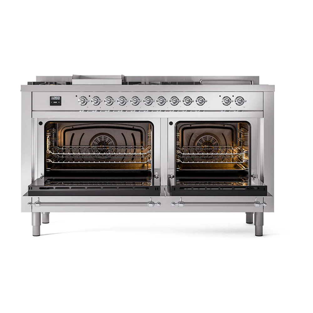 ILVE Nostalgie II 60-Inch Natural Gas Dual Fuel Range with 7 Burners, Griddle, & French Top with Solid Door Oven in Stainless Steel with Chrome Trim (UP60FSQNMPSSC) - Image 2