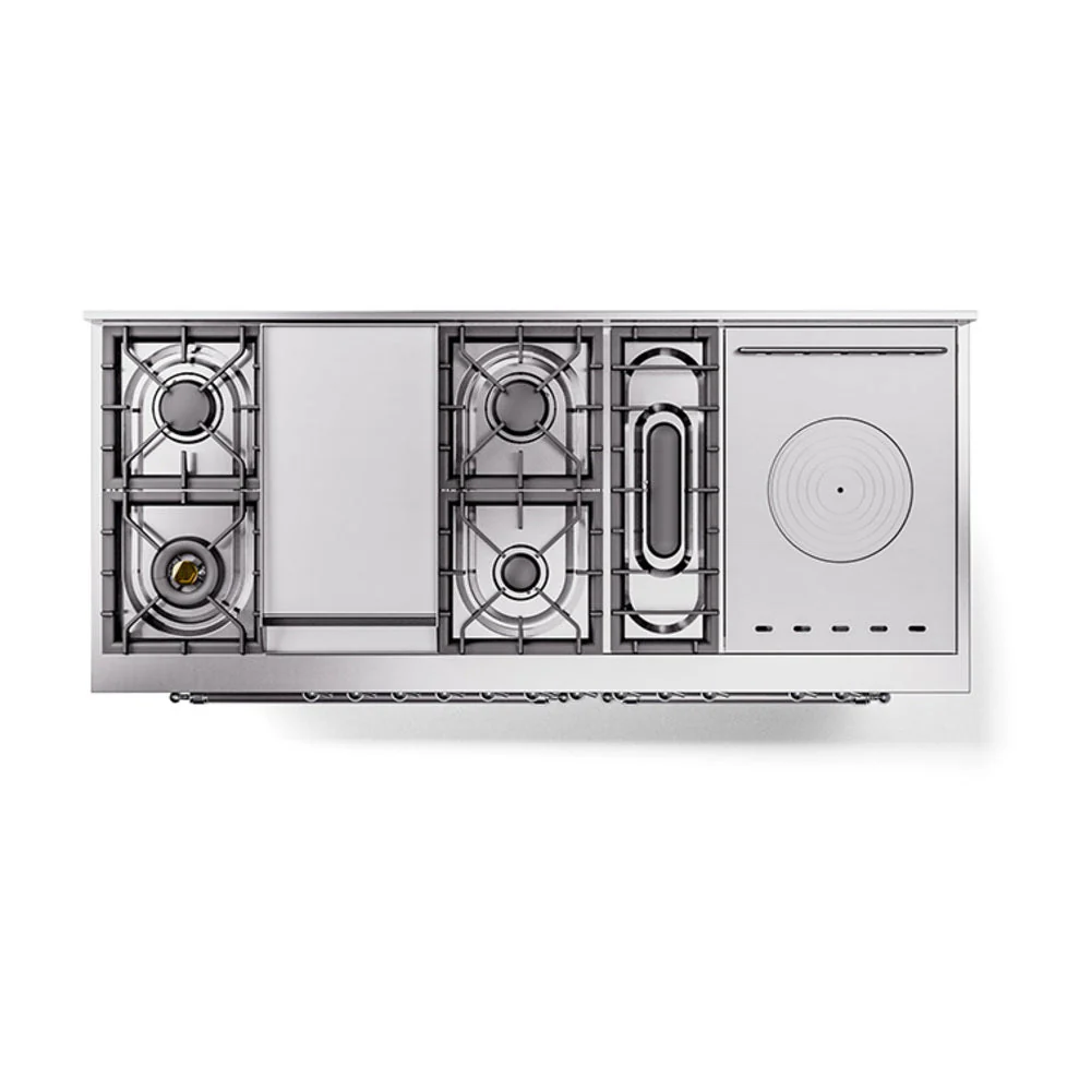 ILVE Nostalgie II 60-Inch Natural Gas Dual Fuel Range with 7 Burners, Griddle, & French Top with Solid Door Oven in Stainless Steel with Chrome Trim (UP60FSQNMPSSC) - Image 3