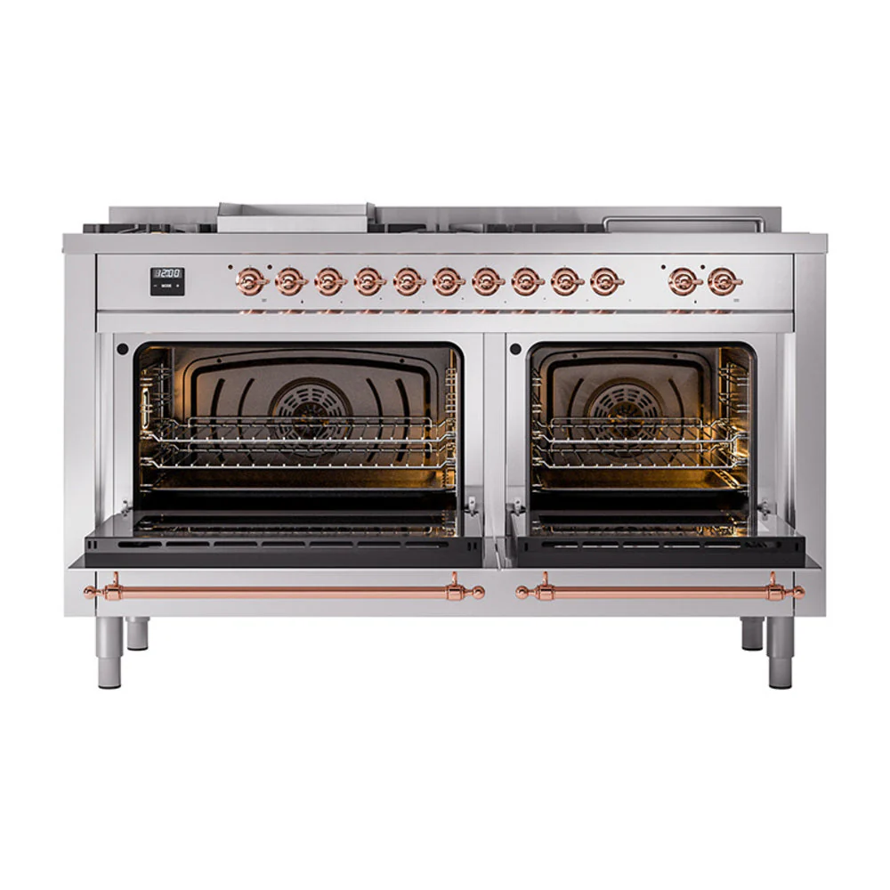 ILVE Nostalgie II 60-Inch Natural Gas Dual Fuel Range with 7 Burners, Griddle, & French Top with Solid Door Oven in Stainless Steel with Copper Trim (UP60FSQNMPSSP) - Image 2