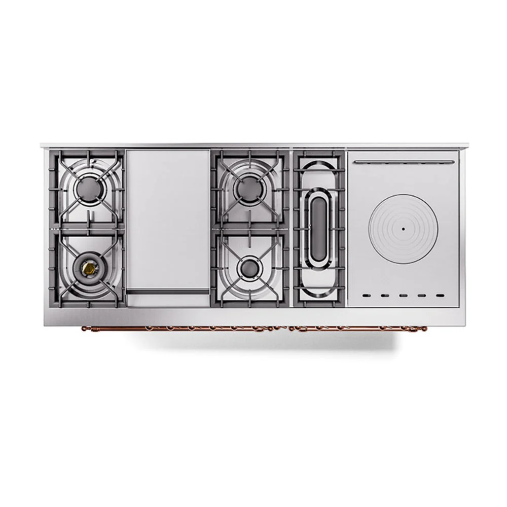 ILVE Nostalgie II 60-Inch Natural Gas Dual Fuel Range with 7 Burners, Griddle, & French Top with Solid Door Oven in Stainless Steel with Copper Trim (UP60FSQNMPSSP) - Image 3