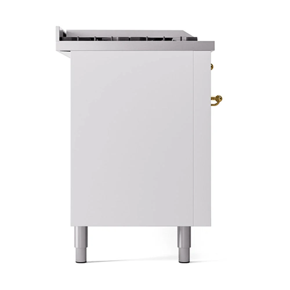 ILVE Nostalgie II 60-Inch Natural Gas Dual Fuel Range with 7 Burners, Griddle, & French Top with Solid Door Oven in White with Brass Trim (UP60FSQNMPWHG) - Image 4