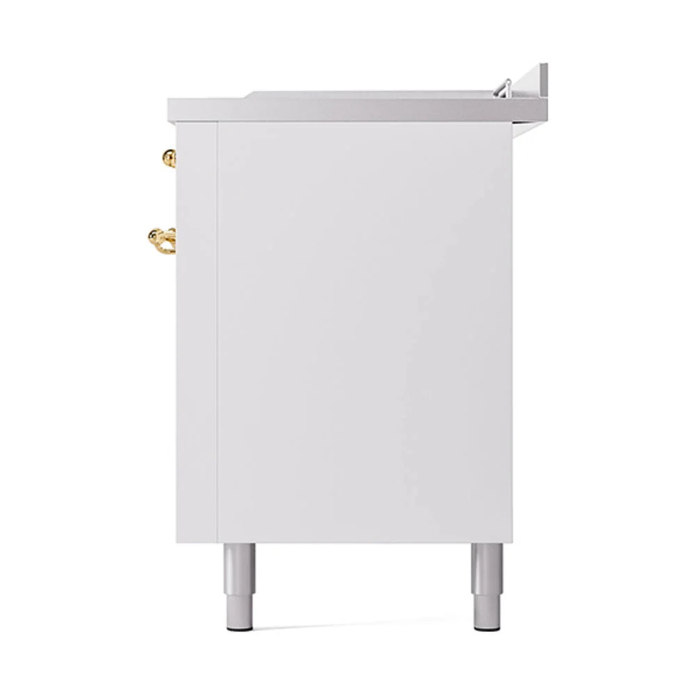 ILVE Nostalgie II 60-Inch Natural Gas Dual Fuel Range with 7 Burners, Griddle, & French Top with Solid Door Oven in White with Brass Trim (UP60FSQNMPWHG) - Image 5