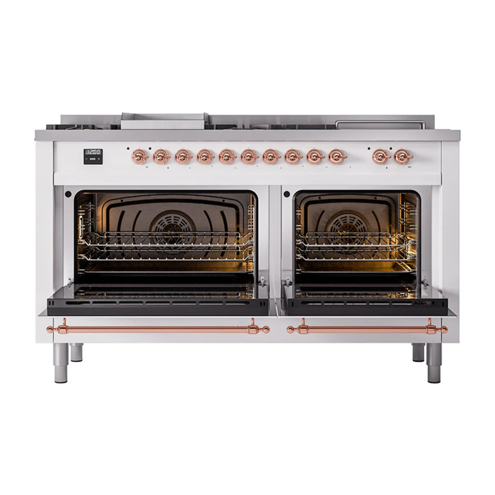 ILVE Nostalgie II 60-Inch Natural Gas Dual Fuel Range with 7 Burners, Griddle, & French Top with Solid Door Oven in White with Copper Trim (UP60FSQNMPWHP) - Image 2