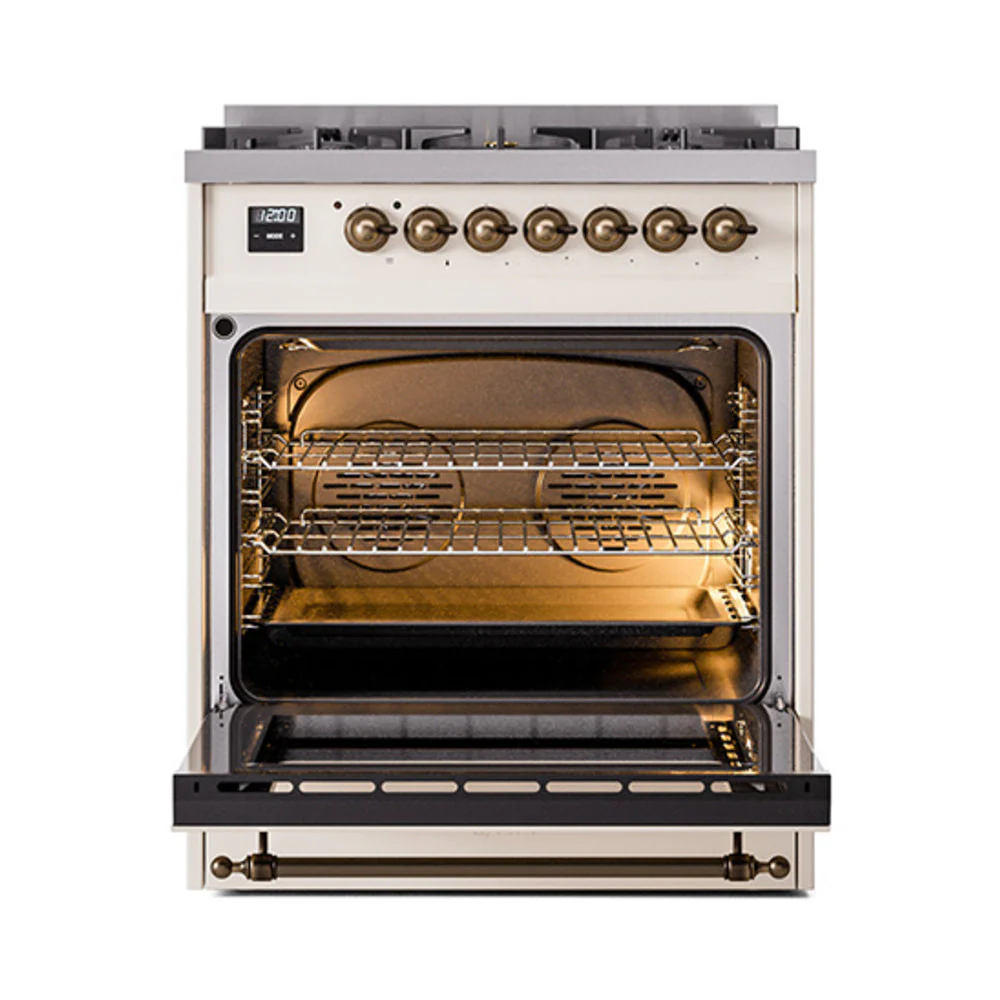 ILVE Nostalgie II Noblesse 30-Inch Natural Gas Dual Fuel Range with Solid Door in Antique White with Bronze Trim (UN30QNMPAWB) - Image 2