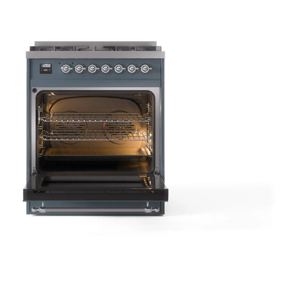 ILVE Nostalgie II Noblesse 30-Inch Natural Gas Dual Fuel Range with Solid Door in Blue Grey with Chrome Trim (UN30QNMPBGC) - Image 2