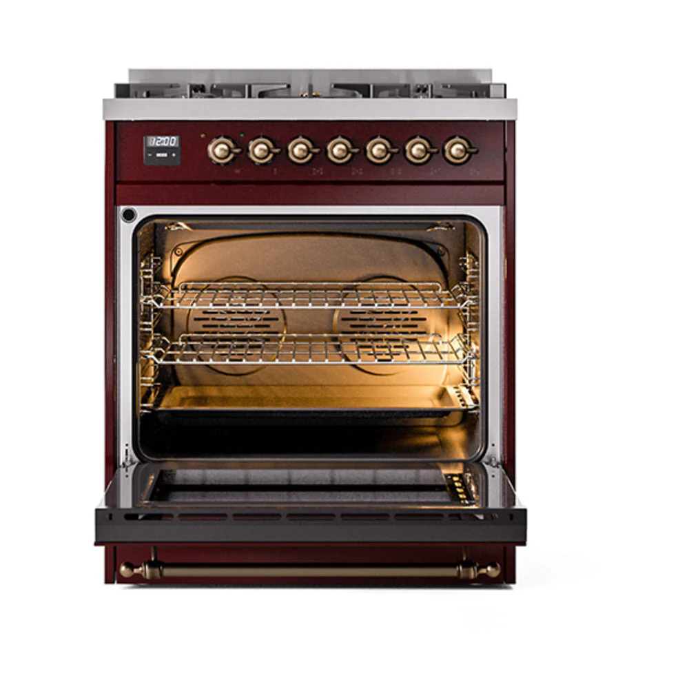ILVE Nostalgie II Noblesse 30-Inch Natural Gas Dual Fuel Range with Solid Door in Burgundy with Bronze Trim (UN30QNMPBUB) - Image 2