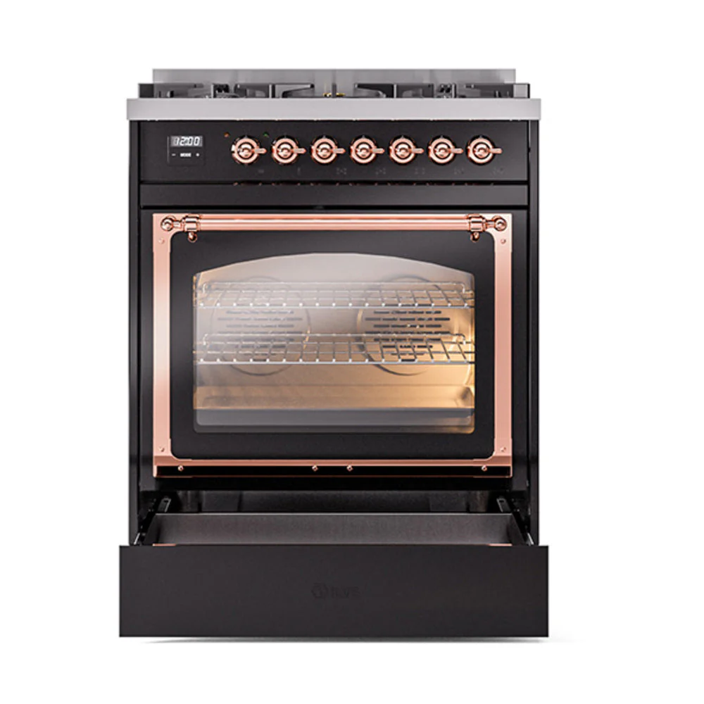 ILVE Nostalgie II Noblesse 30-Inch Natural Gas Dual Fuel Range with Solid Door in Glossy Black with Copper Trim (UN30QNMPBKP) - Image 2