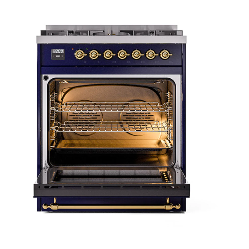 ILVE Nostalgie II Noblesse 30-Inch Natural Gas Dual Fuel Range with Solid Door in Midnight Blue with Brass Trim (UN30QNMPMBG) - Image 2