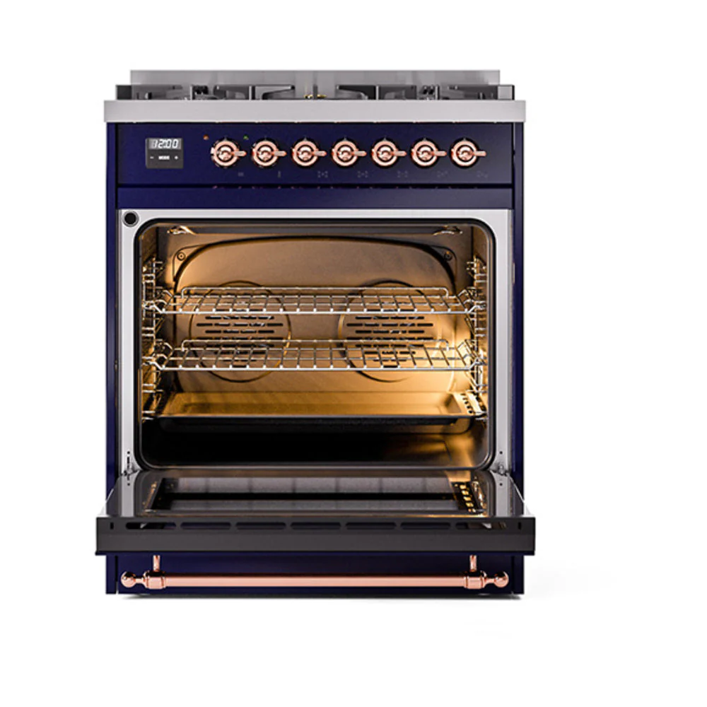 ILVE Nostalgie II Noblesse 30-Inch Natural Gas Dual Fuel Range with Solid Door in Midnight Blue with Copper Trim (UN30QNMPMBP) - Image 2