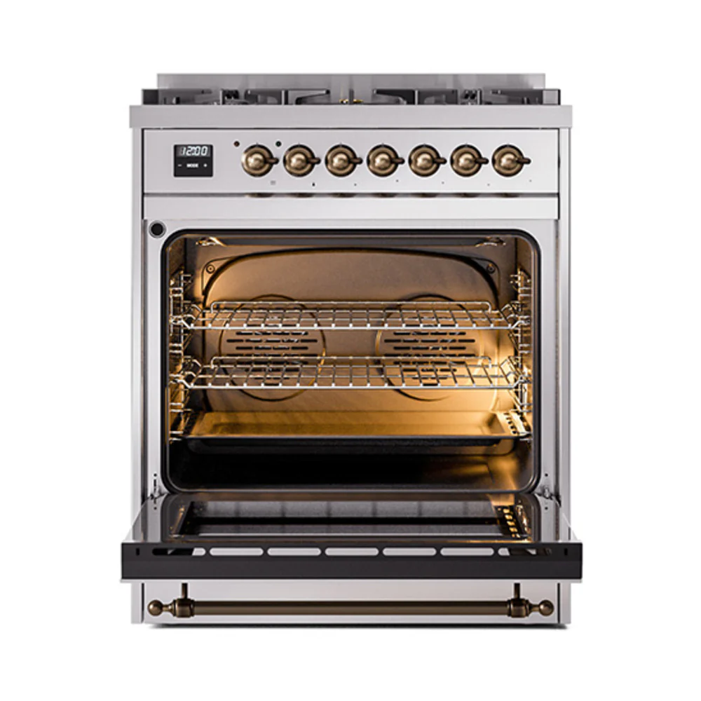ILVE Nostalgie II Noblesse 30-Inch Natural Gas Dual Fuel Range with Solid Door in Stainless Steel with Bronze Trim (UN30QNMPSSB) - Image 2