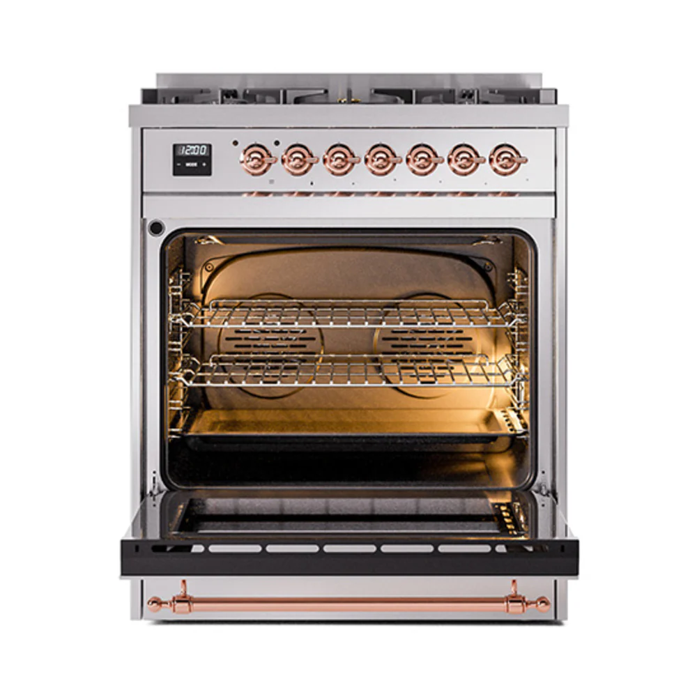 ILVE Nostalgie II Noblesse 30-Inch Natural Gas Dual Fuel Range with Solid Door in Stainless Steel with Copper Trim (UN30QNMPSSP) - Image 2