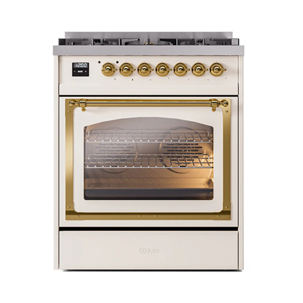 ILVE Nostalgie II Noblesse 30-Inch Natural Gas Dual Fuel Range with Triple Glass Door in Antique White with Brass Trim (UN30NMPAWG) - Image 2