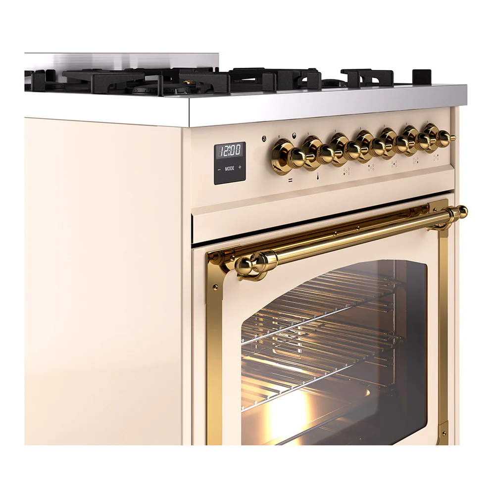 ILVE Nostalgie II Noblesse 30-Inch Natural Gas Dual Fuel Range with Triple Glass Door in Antique White with Brass Trim (UN30NMPAWG) - Image 3