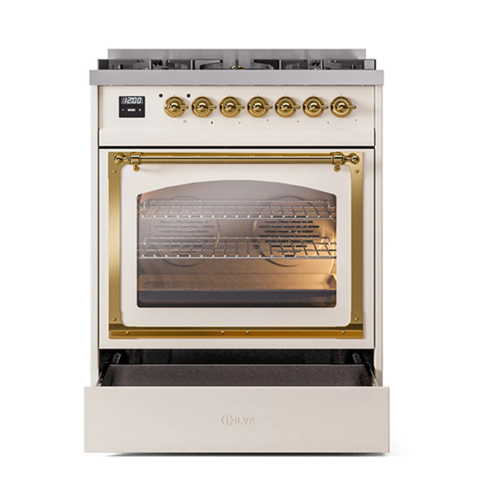 ILVE Nostalgie II Noblesse 30-Inch Natural Gas Dual Fuel Range with Triple Glass Door in Antique White with Brass Trim (UN30NMPAWG) - Image 5