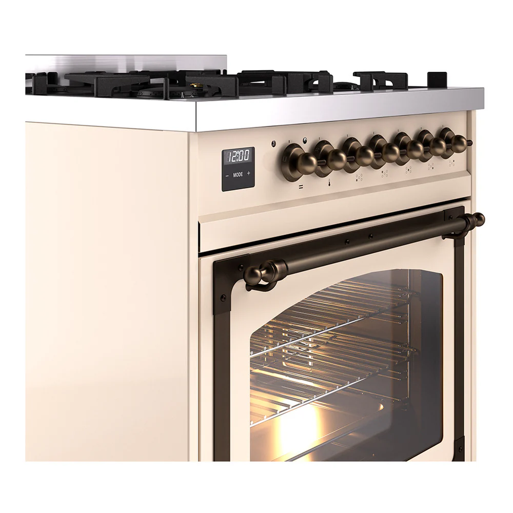 ILVE Nostalgie II Noblesse 30-Inch Natural Gas Dual Fuel Range with Triple Glass Door in Antique White with Bronze Trim (UN30NMPAWB) - Image 3