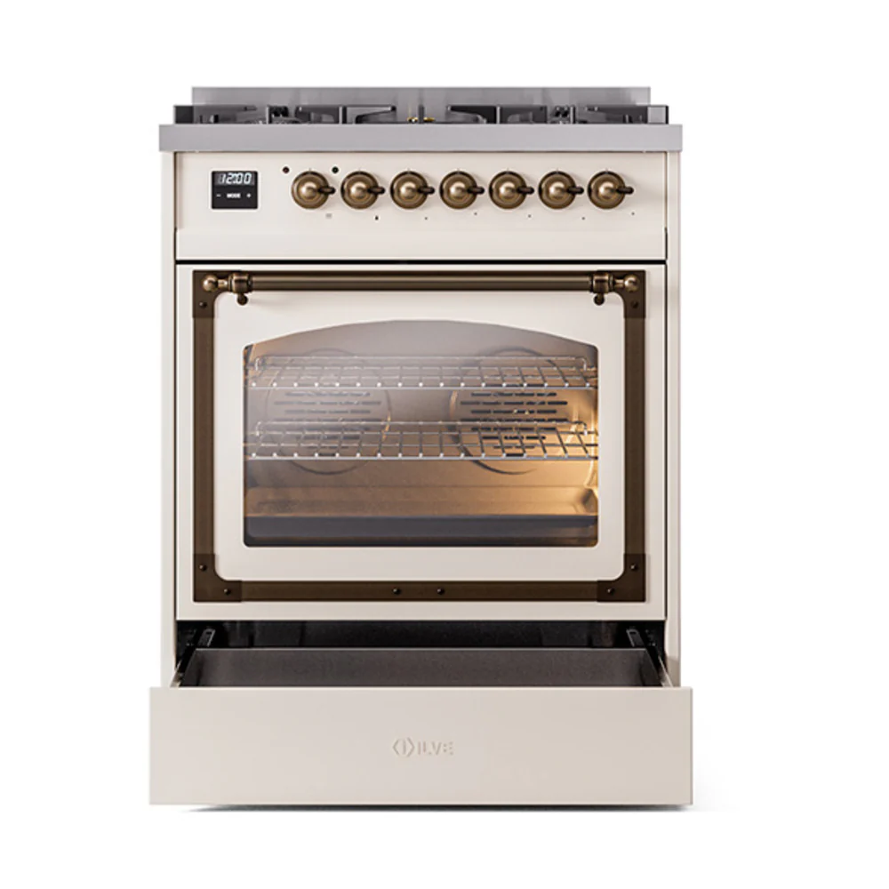 ILVE Nostalgie II Noblesse 30-Inch Natural Gas Dual Fuel Range with Triple Glass Door in Antique White with Bronze Trim (UN30NMPAWB) - Image 5