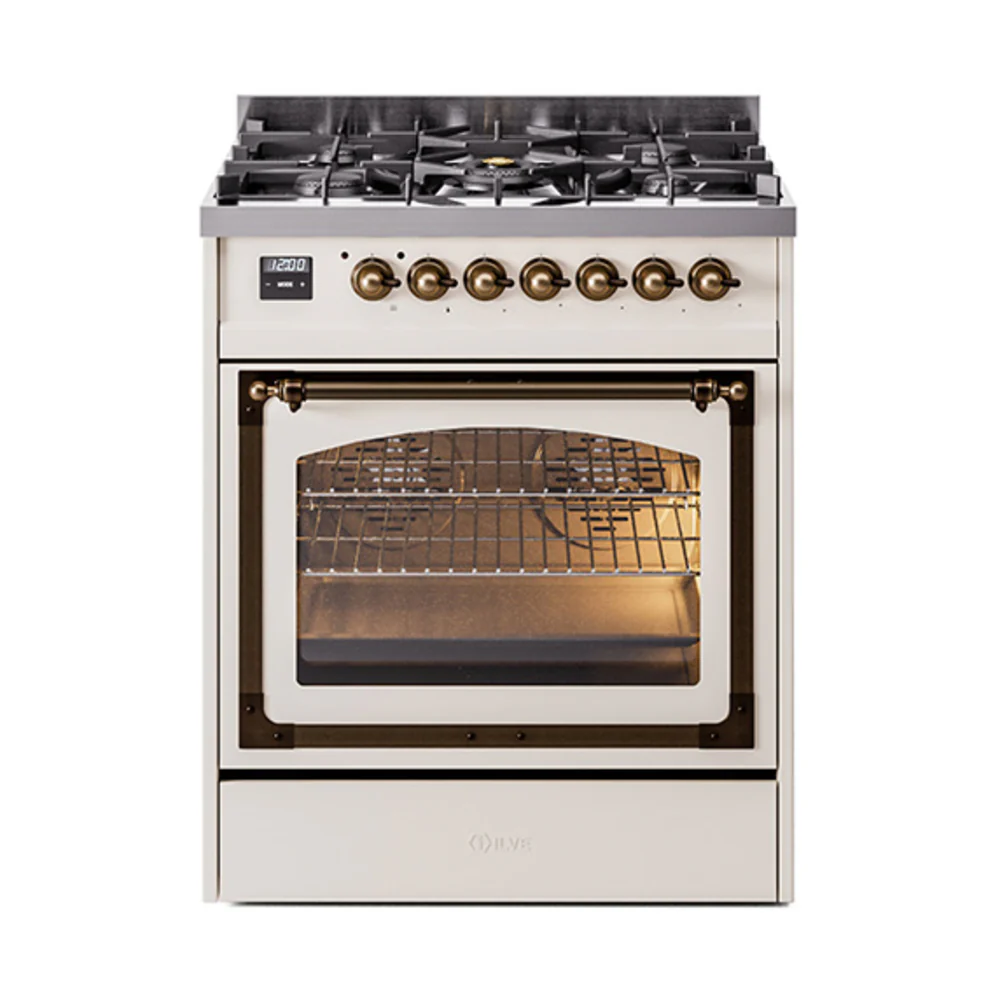 ILVE Nostalgie II Noblesse 30-Inch Natural Gas Dual Fuel Range with Triple Glass Door in Antique White with Bronze Trim (UN30NMPAWB) - Image 6