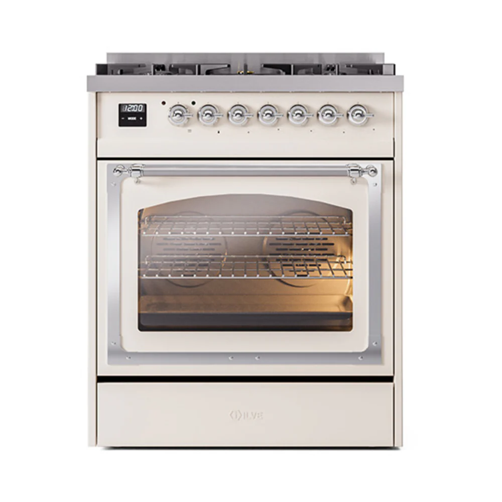 ILVE Nostalgie II Noblesse 30-Inch Natural Gas Dual Fuel Range with Triple Glass Door in Antique White with Chrome Trim (UN30NMPAWC) - Image 2