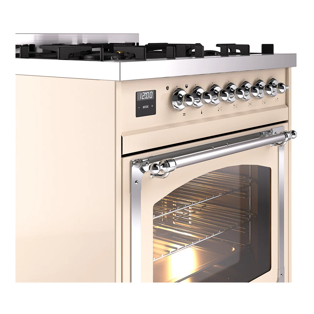ILVE Nostalgie II Noblesse 30-Inch Natural Gas Dual Fuel Range with Triple Glass Door in Antique White with Chrome Trim (UN30NMPAWC) - Image 3