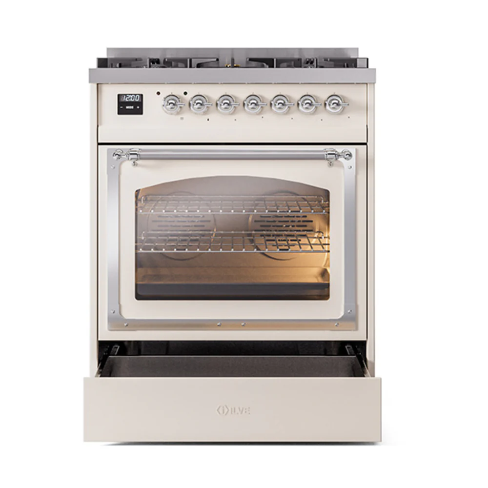ILVE Nostalgie II Noblesse 30-Inch Natural Gas Dual Fuel Range with Triple Glass Door in Antique White with Chrome Trim (UN30NMPAWC) - Image 6