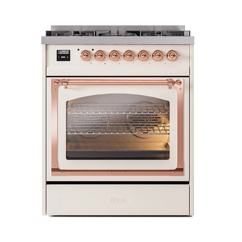 ILVE Nostalgie II Noblesse 30-Inch Natural Gas Dual Fuel Range with Triple Glass Door in Antique White with Copper Trim (UN30NMPAWP) - Image 2