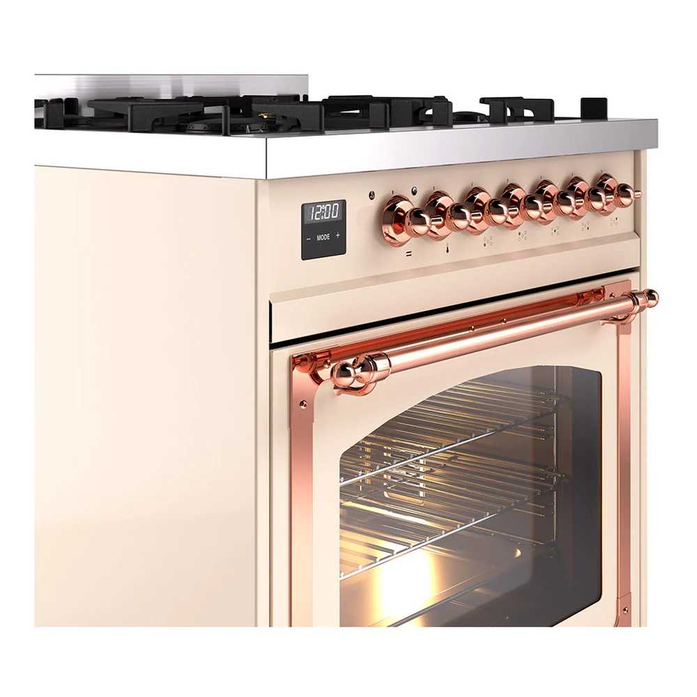 ILVE Nostalgie II Noblesse 30-Inch Natural Gas Dual Fuel Range with Triple Glass Door in Antique White with Copper Trim (UN30NMPAWP) - Image 3