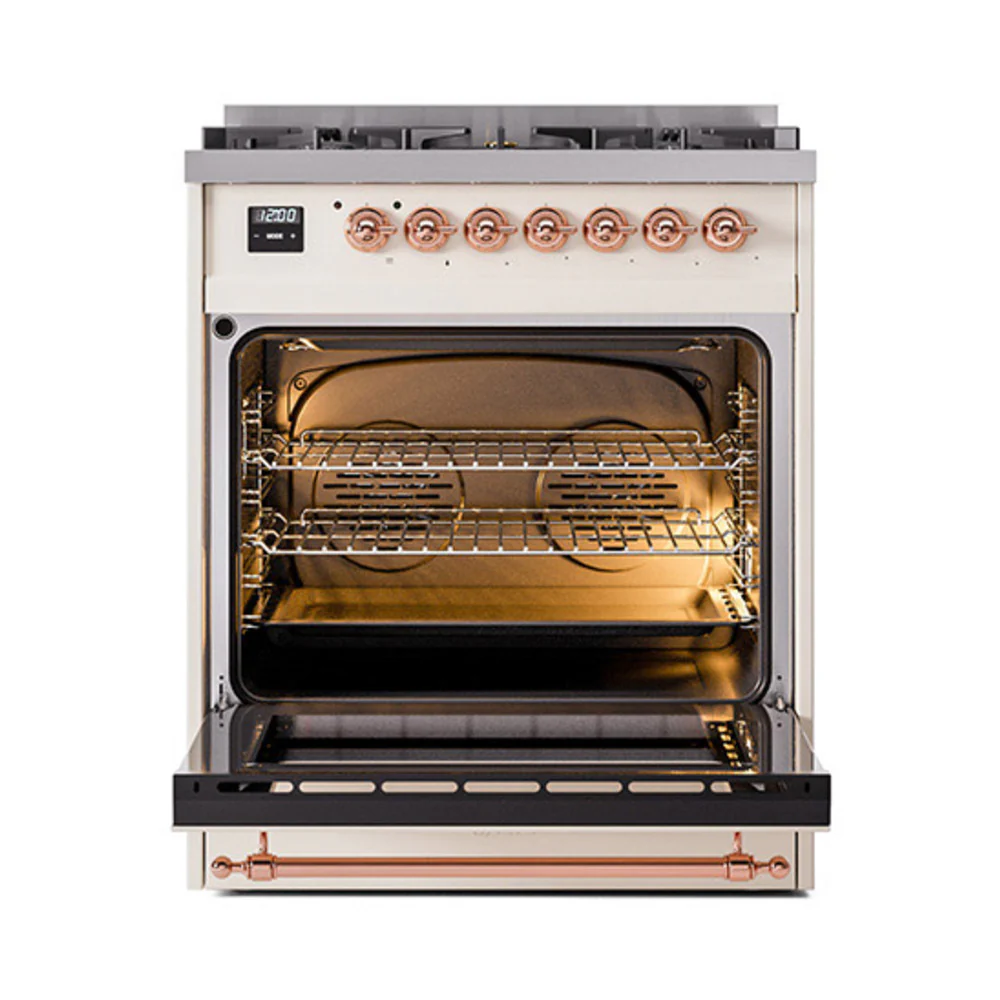 ILVE Nostalgie II Noblesse 30-Inch Natural Gas Dual Fuel Range with Triple Glass Door in Antique White with Copper Trim (UN30NMPAWP) - Image 5