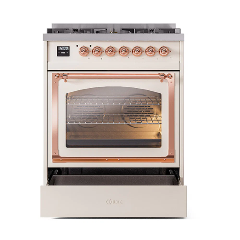 ILVE Nostalgie II Noblesse 30-Inch Natural Gas Dual Fuel Range with Triple Glass Door in Antique White with Copper Trim (UN30NMPAWP) - Image 6