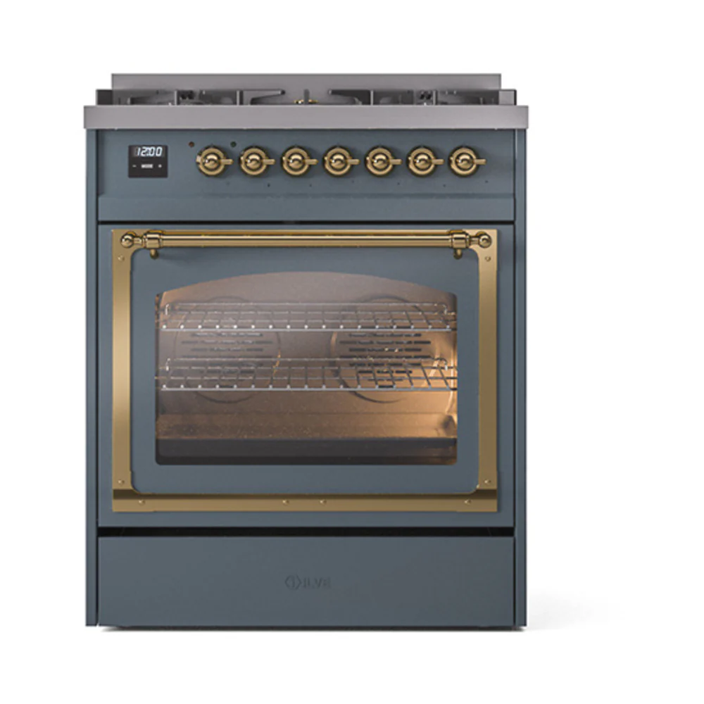 ILVE Nostalgie II Noblesse 30-Inch Natural Gas Dual Fuel Range with Triple Glass Door in Blue Grey with Brass Trim (UN30NMPBGG) - Image 2