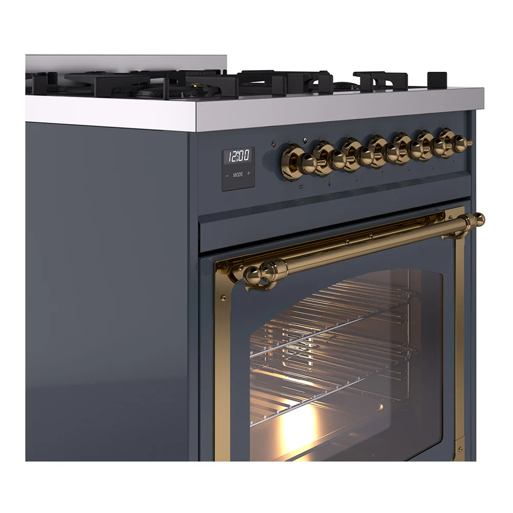 ILVE Nostalgie II Noblesse 30-Inch Natural Gas Dual Fuel Range with Triple Glass Door in Blue Grey with Brass Trim (UN30NMPBGG) - Image 3