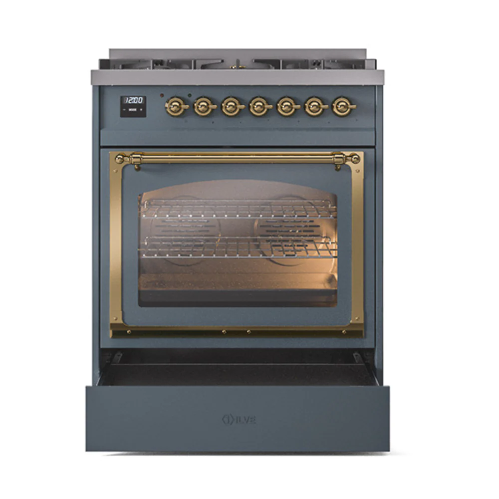 ILVE Nostalgie II Noblesse 30-Inch Natural Gas Dual Fuel Range with Triple Glass Door in Blue Grey with Brass Trim (UN30NMPBGG) - Image 6