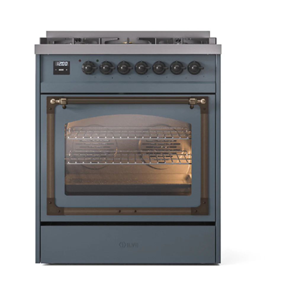 ILVE Nostalgie II Noblesse 30-Inch Natural Gas Dual Fuel Range with Triple Glass Door in Blue Grey with Bronze Trim (UN30NMPBGB) - Image 2