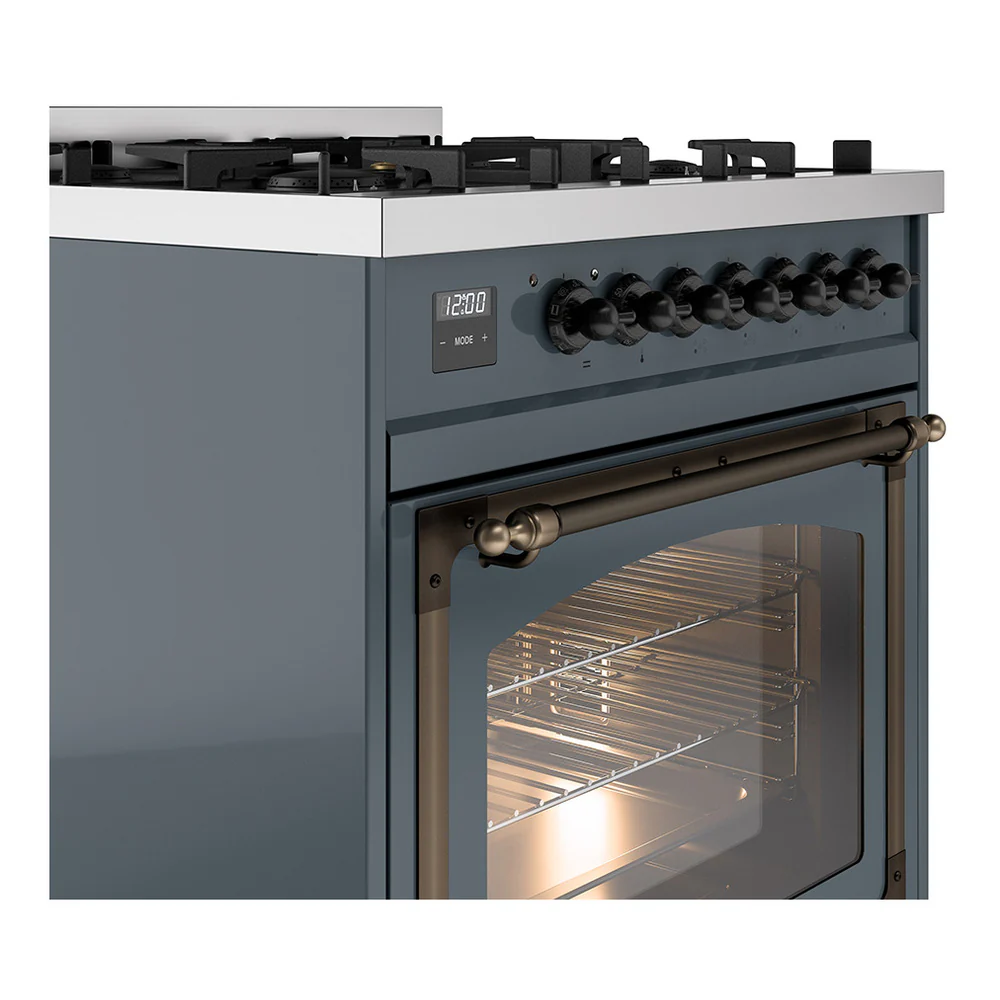 ILVE Nostalgie II Noblesse 30-Inch Natural Gas Dual Fuel Range with Triple Glass Door in Blue Grey with Bronze Trim (UN30NMPBGB) - Image 3