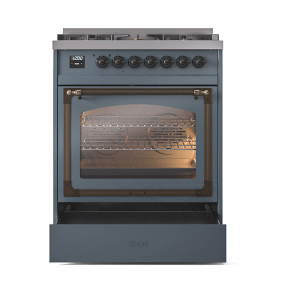 ILVE Nostalgie II Noblesse 30-Inch Natural Gas Dual Fuel Range with Triple Glass Door in Blue Grey with Bronze Trim (UN30NMPBGB) - Image 6