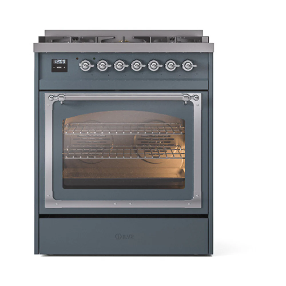 ILVE Nostalgie II Noblesse 30-Inch Natural Gas Dual Fuel Range with Triple Glass Door in Blue Grey with Chrome Trim (UN30NMPBGC) - Image 2