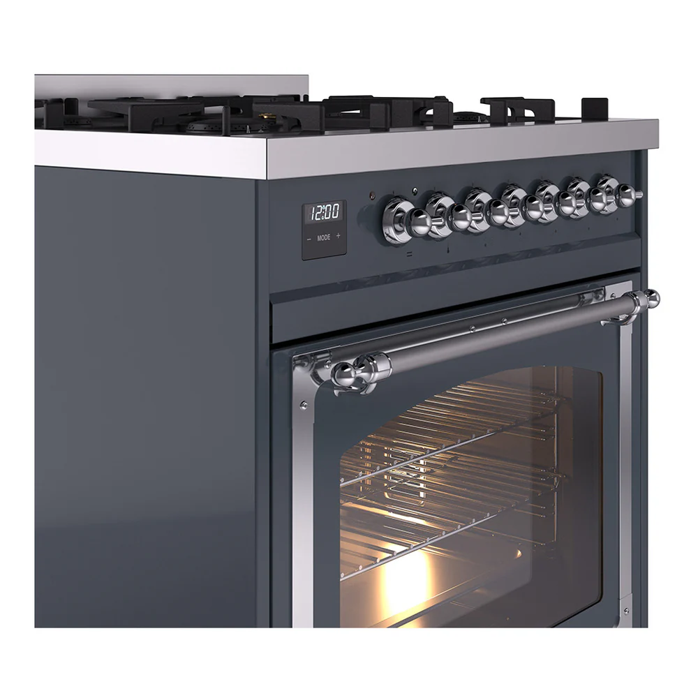 ILVE Nostalgie II Noblesse 30-Inch Natural Gas Dual Fuel Range with Triple Glass Door in Blue Grey with Chrome Trim (UN30NMPBGC) - Image 3