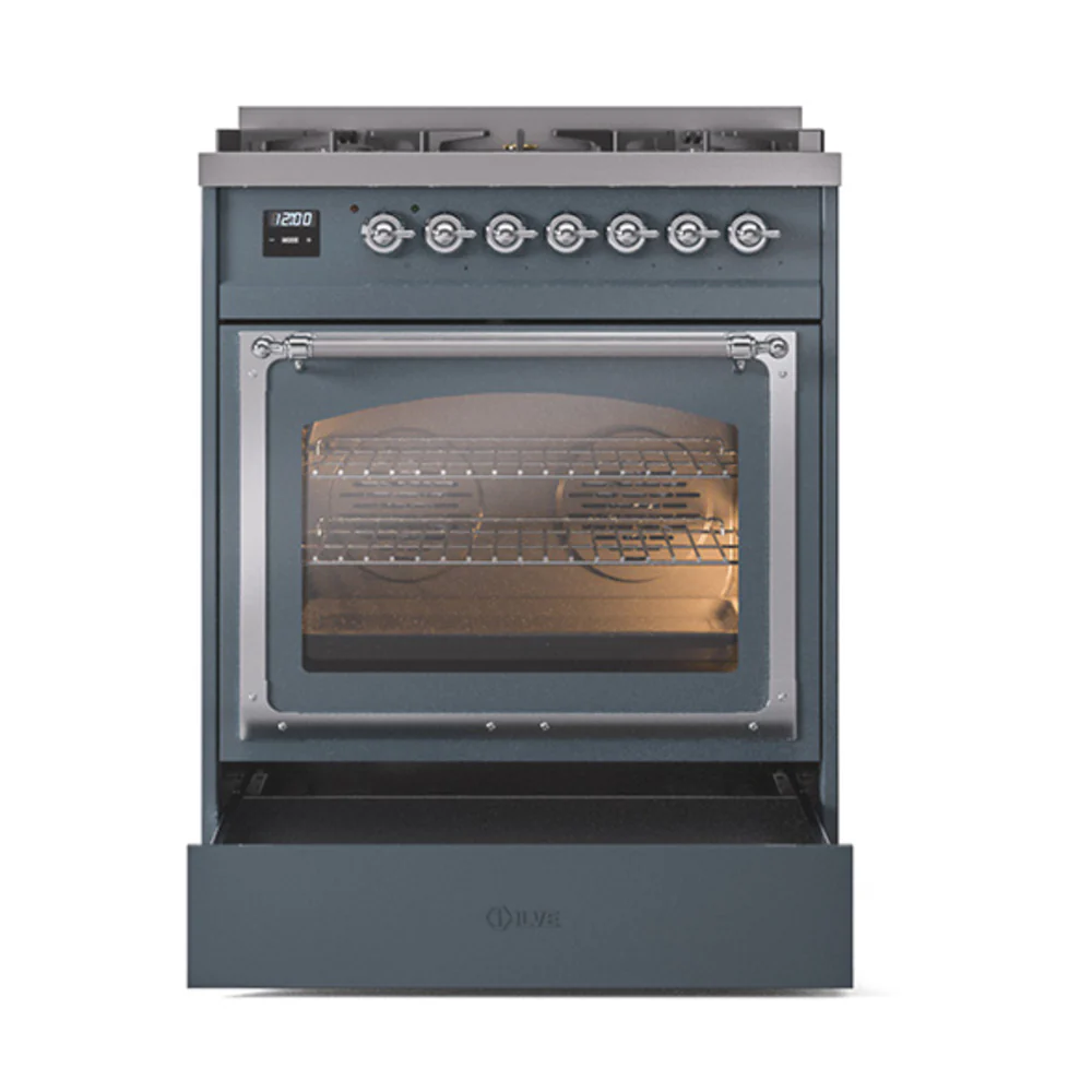 ILVE Nostalgie II Noblesse 30-Inch Natural Gas Dual Fuel Range with Triple Glass Door in Blue Grey with Chrome Trim (UN30NMPBGC) - Image 6