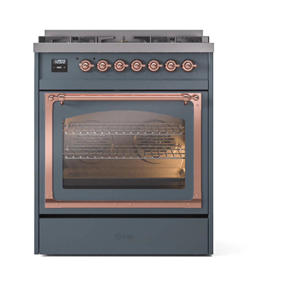 ILVE Nostalgie II Noblesse 30-Inch Natural Gas Dual Fuel Range with Triple Glass Door in Blue Grey with Copper Trim (UN30NMPBGP) - Image 2