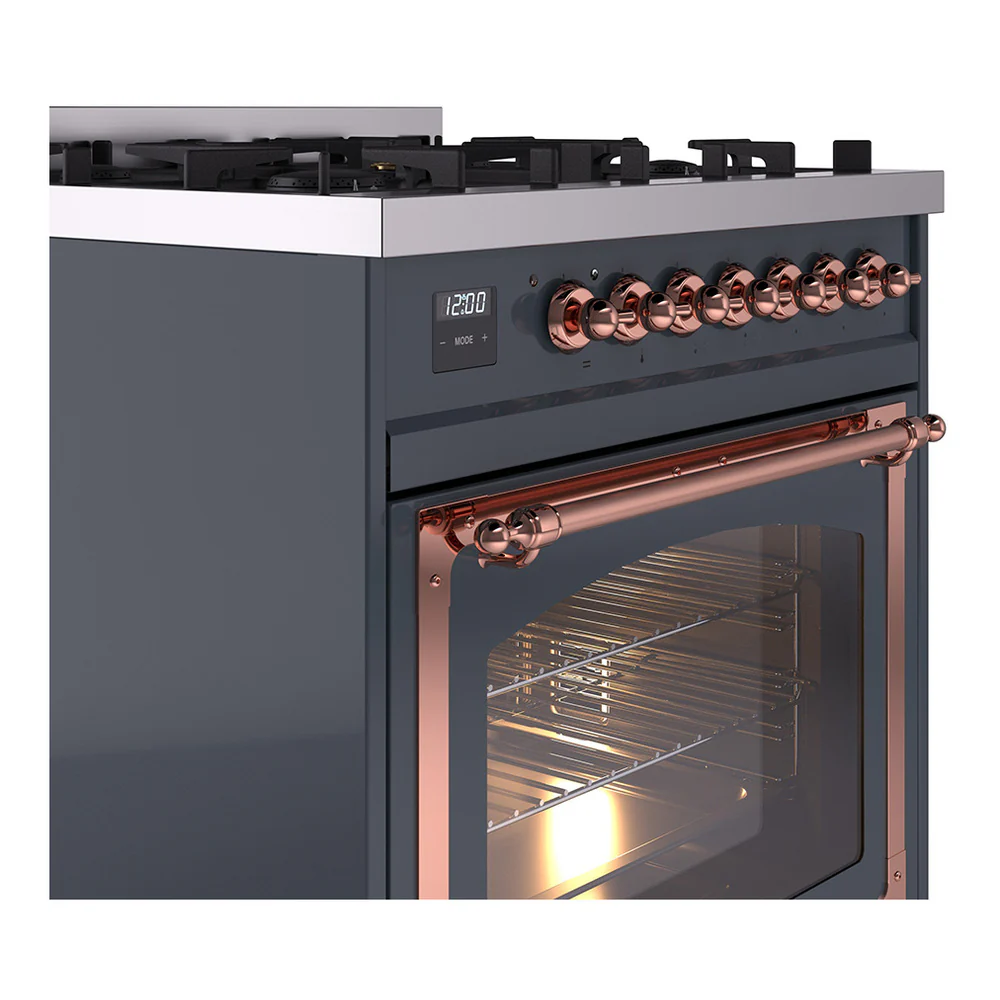 ILVE Nostalgie II Noblesse 30-Inch Natural Gas Dual Fuel Range with Triple Glass Door in Blue Grey with Copper Trim (UN30NMPBGP) - Image 3